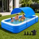 Inflatable Pool with Canopy, 118" x 67" x 20" Large Blow Up Pool with Air Pump, Rectangular Family Swimming Pool with Sun Shade for Backyard, Garden and Outdoor Use, Blue White