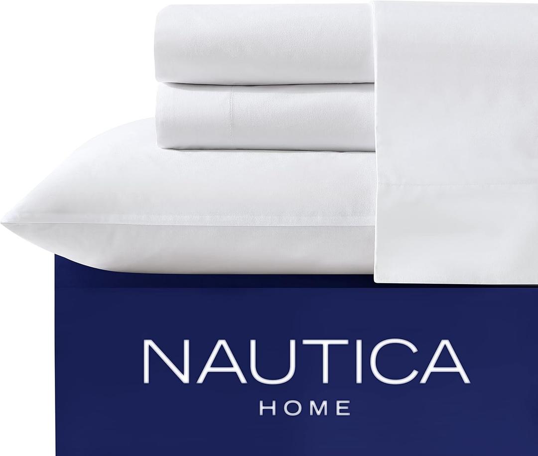 Nautica - Twin XL Sheet Set, Cotton Percale Bedding Set, Crisp & Cool, Fully Elasticized, Ideal Dorm Essentials (Solid White, Twin XL)