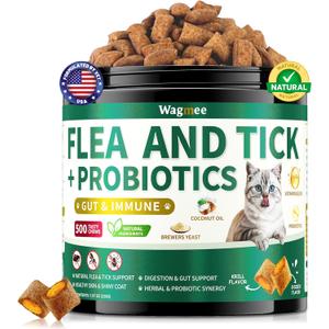 Flea and Tick Prevention for Cats Chews, 500 Crunchy & Creamy Flea Chews, Cat Flea Chewables with Probiotics - Skin & Coat Support - Fleas & Tick Supplement for Cats Kittens - Natural Chicken Flavor, BB Date 10/24/2027