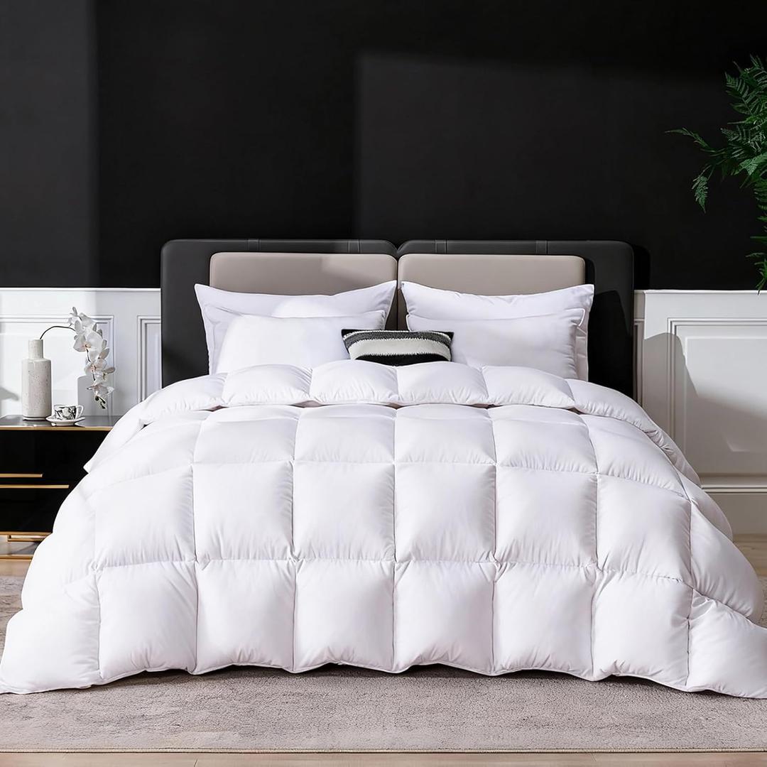 Luxury Goose Feathers Down Comforter Twin Size, 750 FP Fluffy All Season Duvet Insert Twin, Ultra-Soft Hotel Bedding Comforter with Sorona Fill (White, 68x90 Inches)