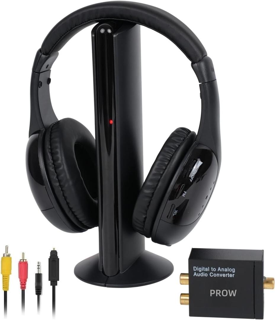 Wireless TV Headphones, Wireless Headphones for TV Watching with Transmitter Base, Wireless TV Headset with FM Radio Monitor Function for Seniors, Support RCA, AUX, Optic and Coaxial Audio Out Port