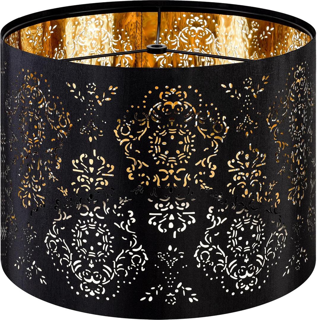 GO&SO Black Lamp Shades For Table Lamps, 13" Top x 13" Bottom x 10" High(Spider), Industrial Laser Floral Medium Drum Lampshades, Replacement Living Room Floor Lamp Shade Home Decro, Assembly Required