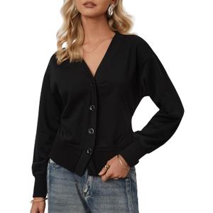 CSDAJIO Women Button Down Cardigans V Neck Long Sleeve Casual Coat Fall Clothes (Black, XS)