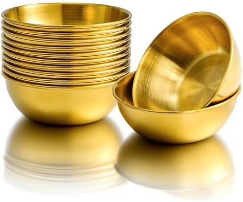 Nicunom 10 Pack Stainless Steel Soy Sauce Dishes, 3 OZ Dipping Bowl Pinch Bowls Small Dip Bowls Seasoning Dishes Prep Appetizer Plates for Condiment Sushi Ketchup BBQ Party, Golden