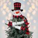 Christmas Snowman Tree Topper, Large Plush Snowman Treetop Hugger with Red and Black Buffalo Plaid Hat & Scarf, Fluffy Xmas Tree Ornament Holiday Winter Wonderland Home Party Decorations Supplies