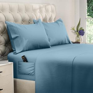 DREAMCARE Full Size Sheets Set - 4 Pcs Cooling Bed Sheets with Up to 15" Deep Pockets - Soft, Long-Lasting 100% Brushed Polyester with Side Pocket (Mineral Blue)