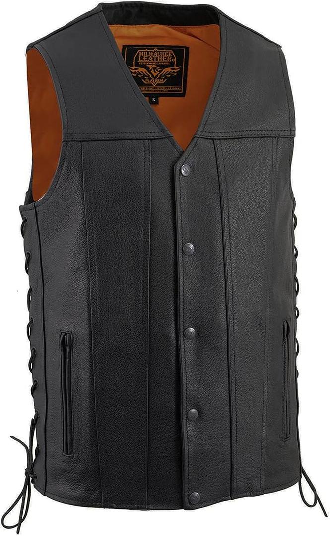 Milwaukee Leather MLM3520 Men's Black Leather Vest - Classic V-Neck Straight Bottom Side Lace Motorcycle Rider Vest - XX-Large
