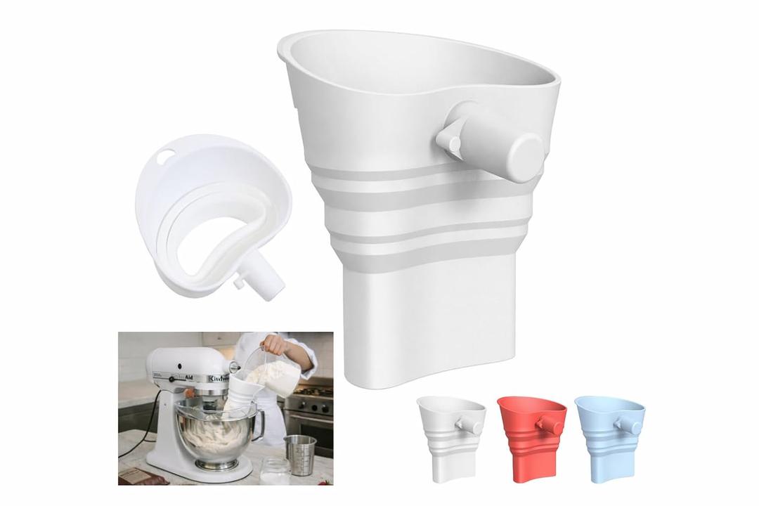 2026 Upgraded Extended KitchenAid Flour Funnel Attachment for Stand Mixer, Add While Mixing Without Stopping, No Flour Explosion, Platinum-Cured Food-Grade Silicone, Foldable, Dishwasher Safe(White)