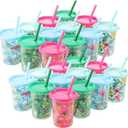 Nuanchu 24 Pcs Hawaii Cups with Straws and Lids 10 oz Tropical Plastic Reusable Cups Palm Leaves Flamingo Pineapple Hibiscus for Summer Party Gift