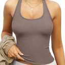 REORIA Women's Sexy Halter Backless Tank Top Sleeveless Fitted Crop Top Y2K Trendy Summer Basic Camisole Khaki XX-Large (XXL)