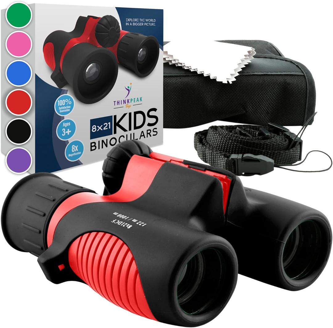 Think Peak Red Binoculars Science Toy for Kids Ages 3-12 Years - Real Compact Outdoor Adventure & STEM Educational Nature Hiking Explorer for Bird Watching, Camping Childrens Birthday Gift