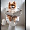 Cute Pomeranian sitting on toilet and reading newspaper Animal picture wall decor Dog canvas wall art Funny bathroom decor wall art Stylish wall decor Animal wall art Bathroom wall decor (8x12inch Black Metal Framed, Gustave16)