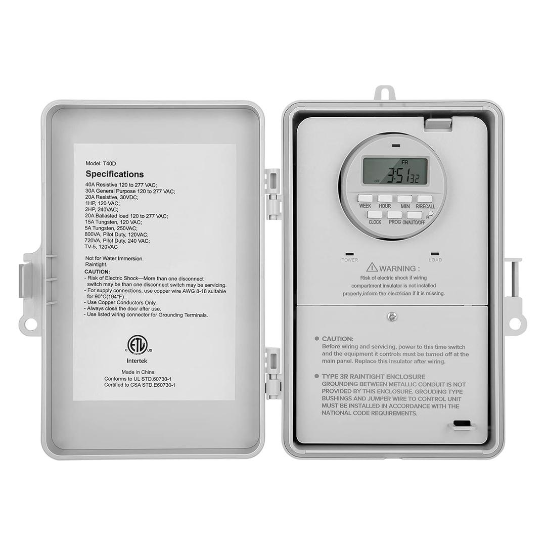 SURAIELEC Pool Timer, 7-Day Programmable Digital Box Timer Switch, 40 AMP, 2HP, 120, 240, 277 VAC, Outdoor Indoor Heavy Duty Controller Box for Pool Pump, Water Heater, Lights, Powerful Appliances