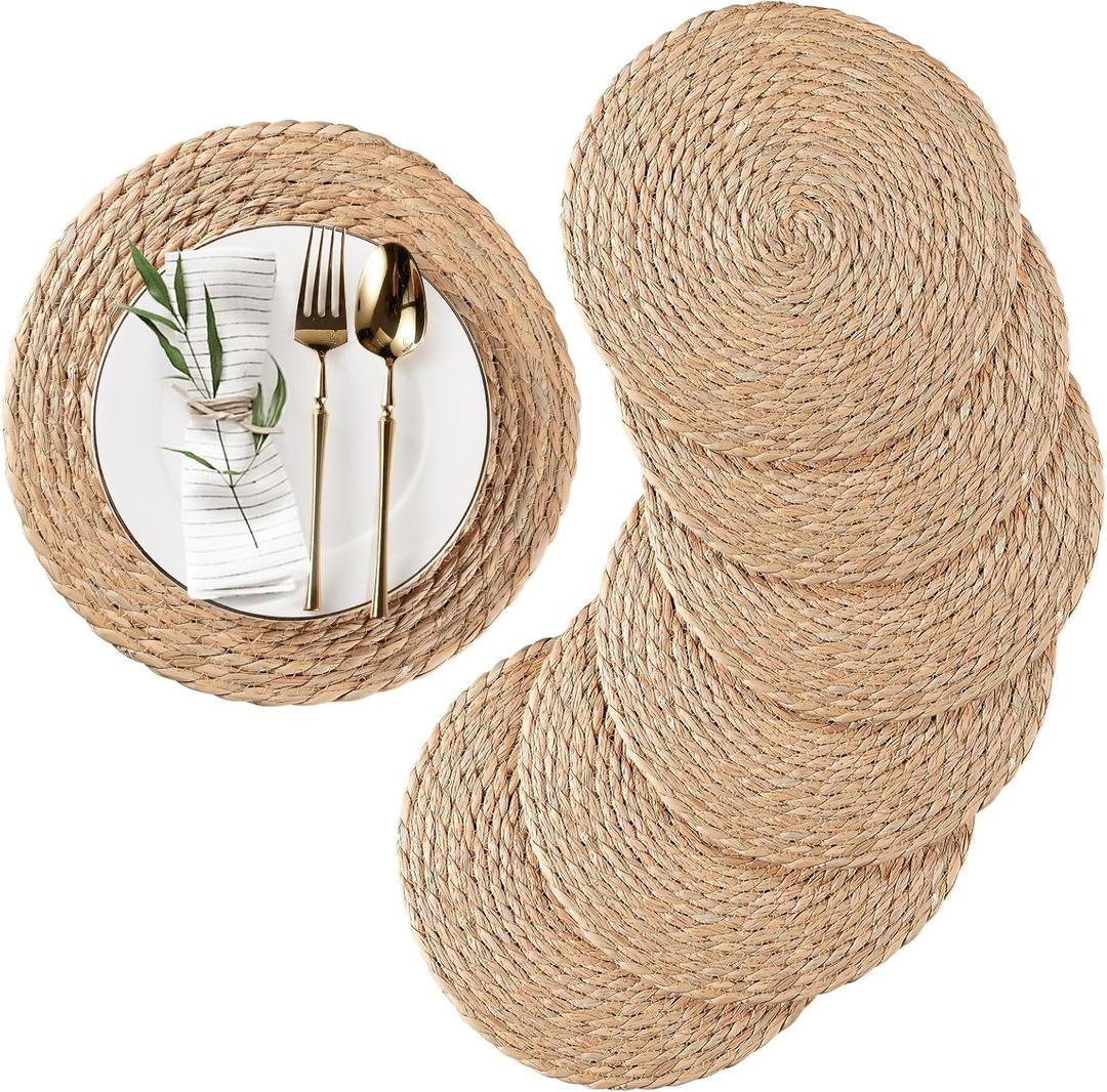 Round Woven Placemats Set of 6, Natural Water Hyacinth Place mats, 13 Inch Rattan Placemats Wicker Placemats Farmhouse Boho Braided Heat Resistant Outdoor Placemat Patio Table Place Mats