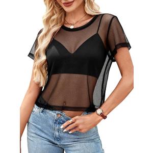 Avanova Women Mesh Sheer Crop Tops See Through Short Sleeve Shirts Loose Sexy Clubwear Black Medium