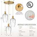 3-Light Pendant Lighting, Modern Brushed Gold Dining Room Chandelier Light Fixture Over Table with Hammered Glass, Brass Cluster Hanging Lights for Kitchen Island Dining Room Bedroom, E26