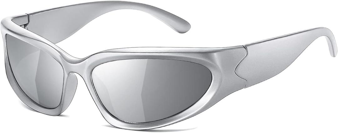 JASPIN Y2K Wrap Around Sunglasses for Women Men Sliver Oval Fashion Trendy Sport Shades UV400 Eyeglasses