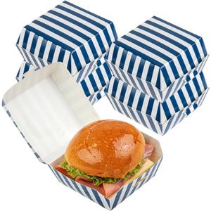 Restaurantware 2.8 x 2.8 x 2 Inch Mini Burger Boxes 100 Clamshell Food Containers - Hinged Lid Striped Blue And White Paper Take Out Boxes Serve Sliders Or Finger Foods