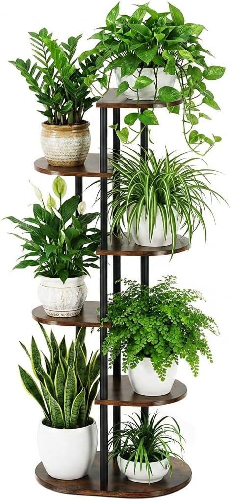 Tiered Plant Stand Indoor, Tall 6 Tier 7 Potted Wooden Plant Shelf for Multiple Flower Plants, Multi Corner Metal Plant Holder Indoor for Patio Garden Patent Design Living Room Balcony Bedroom, Rustic Brown