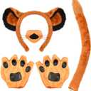 Lion Costume Accessory Set with Ears Headband, Nose, Paw Gloves, Clip-On Tail, Orange and Black, One Size