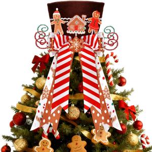 CiyvoLyeen Gingerbread Christmas Tree Topper, Brown Top Hat with Fabric Snowflakes Boy & Girl Cookies Gingerbread House Ornament Bows, Winter Holiday Xmas Home Decor, 3D Festive Wreath Attachment Gift