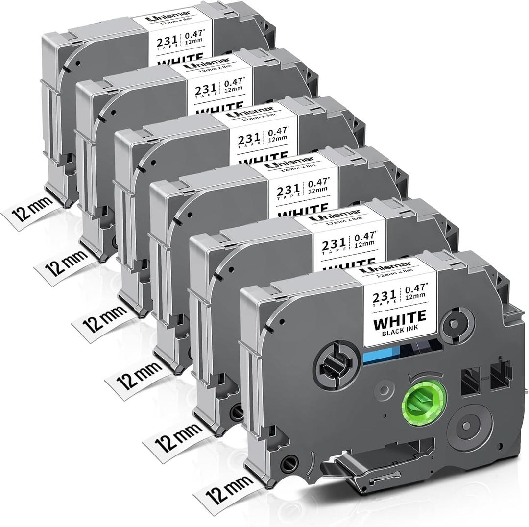 Tze 12mm 0.47 Laminated White Tape Tz-231 Compatible for Brother Tze-231 Tz Label Maker Tape Work for Ptouch PT-D220 PTD210 PTH110 PTH100 PTD600 PTD200 PTD410, Black on White, 1/2'' x 26.2', 6 Pack