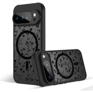 Magnetic Case for Google Pixel 10 Pro XL [Compatible with MagSafe] Black Flower Floral Pattern Case for Women Girls Soft TPU Bumper Hard PC Back Anti-Fall Shockproof Protective Slim Cover (Flower Branch 2)