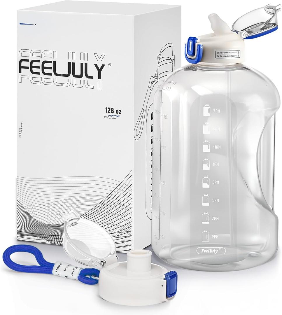 1 Gallon Water Bottle with Straw, 128 oz Large Water Jug with Times to Drink, Reusable Leak Proof with Handle, 2 Lids BPA Free Big Sports Bottles for Fitness Gym Camping (Clear, 128 Ounces)