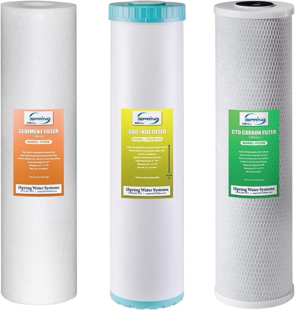 iSpring F3WGB32BKS 3-Stage Whole House Water Filter Set, 4.5 x 20 Sediment, GAC+KDF, and CTO Carbon Block Cartridges, Fits WGB32B-KS