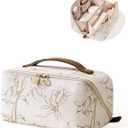 EACHY Travel Makeup Bag, Large Capacity Cosmetic Bags for Women, Waterproof Portable Pouch Open Flat Toiletry Bag Pattern Make up Bag (F-Beige)