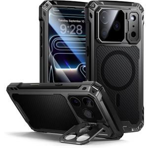 Lanhiem for iPhone 17 Pro Metal Case with Kickstand, Compatible with MagSafe, Built in Tempered Glass Screen Protector, Heavy Duty Shockproof Rugged Phone Cases, Full Body Tough Cover 6.3" (Black)