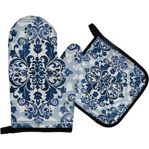Mingnei Blue Porcelain Floral Oven Mitts and Pot Holders Set, Heat Resistant Hot Pads for Cooking Baking BBQ, Chinoiserie Flower Oven Glove Set Kitchen Decor Gifts