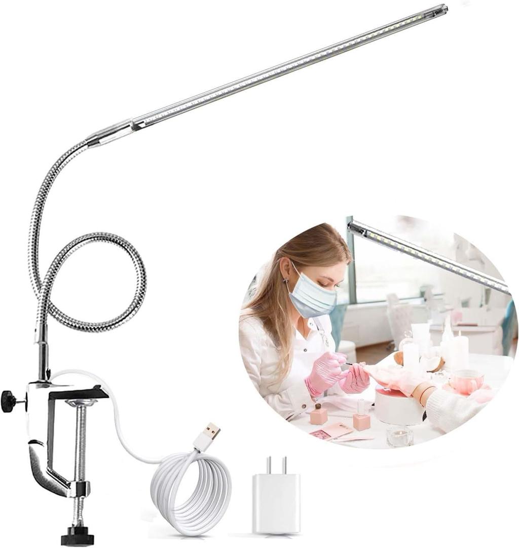 Brokimis Desk Light with Clamp, USB LED 8W Clip Nail Desk Lamp Eye Care Flexible Gooseneck 360 Clamp Light for Manicure Reading Eyebrow Office Tattoo