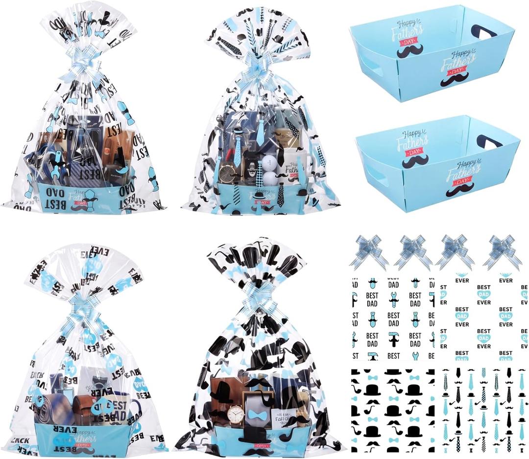Gueevin 24 Sets Happy Father's Day Empty Gift Baskets, 24 Cardboard Market Trays to Fill 24 Cellophane Bags 24 Blue Pull Bows, DIY Gift Wrapping for Father's Day Birthday Party, 3 count
