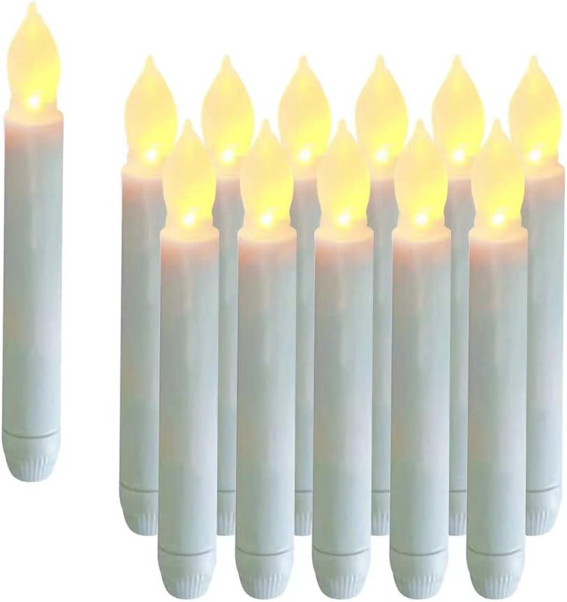 12PCS Flameless LED Taper Candles Lights, Battery Operated Candlesticks with Warm White Flickering Flame, 0.79 x 6.5 Inches Dripless Fake Floating Taper Candles