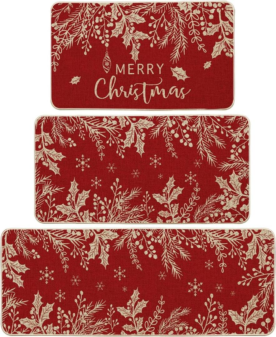 Artoid Mode Holly Pine Branches Leaves Merry Christmas Kitchen Mats Set of 3, Winter Decor Low-Profile Kitchen Rugs for Floor - 17"x29"+17"x36"+17"x47" (Red)