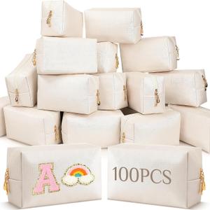 Cunno 100 Pack Aesthetic Makeup Bags Bulk PU Leather Cosmetic Pouches Waterproof Toiletry Bags Makeup Pouches Bulk for Teen Girls Women Party Gift Travel Storage Back to Teacher Gift (Ivory White)