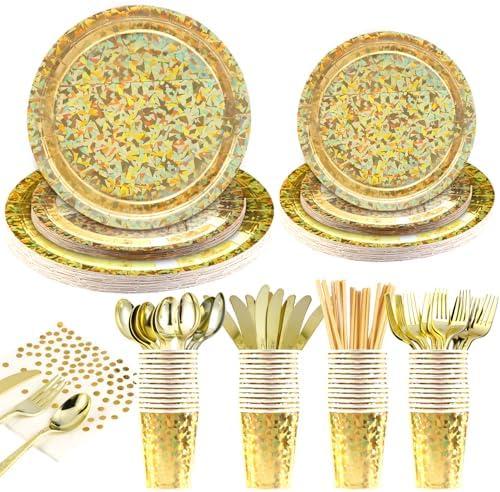 400Pcs Disposable Party Dinnerware Set, Paper Tableware Set, Disposable Party Supplies Happy Birthday Paper Plates, Napkins, Cups, Plastic Forks Knives Spoons Straws Favor for 50 Guests (Golden Glass)