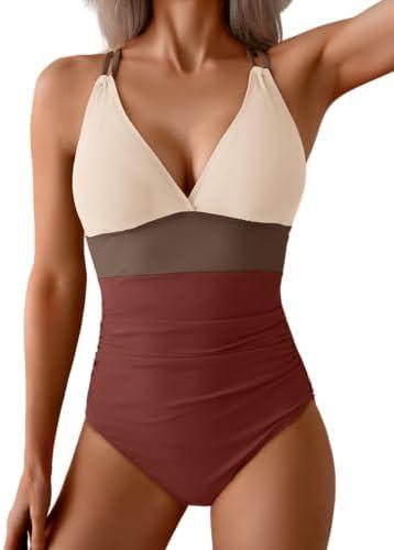 Aidonger Women's One Piece Color Block Swimsuit Tummy Control Slimming Bathing Suit V Neck Cutout High Waisted Swimwear S