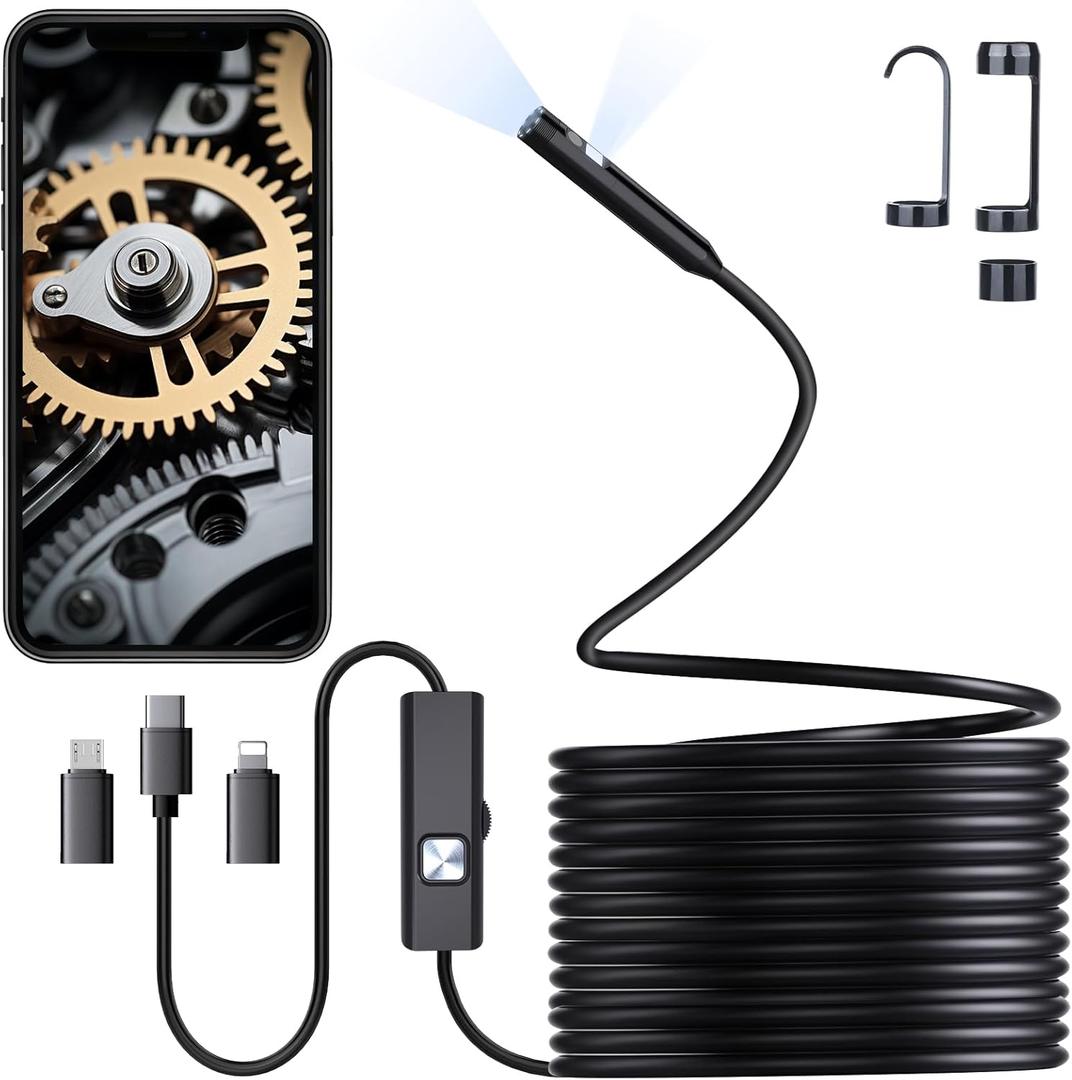 Preciva Endoscope Camera with Dual Lenses, 1920P HD Borescope Camera with 8 Adjustable LED Lights, 16.5ft Semi-Rigid for iOS and Android
