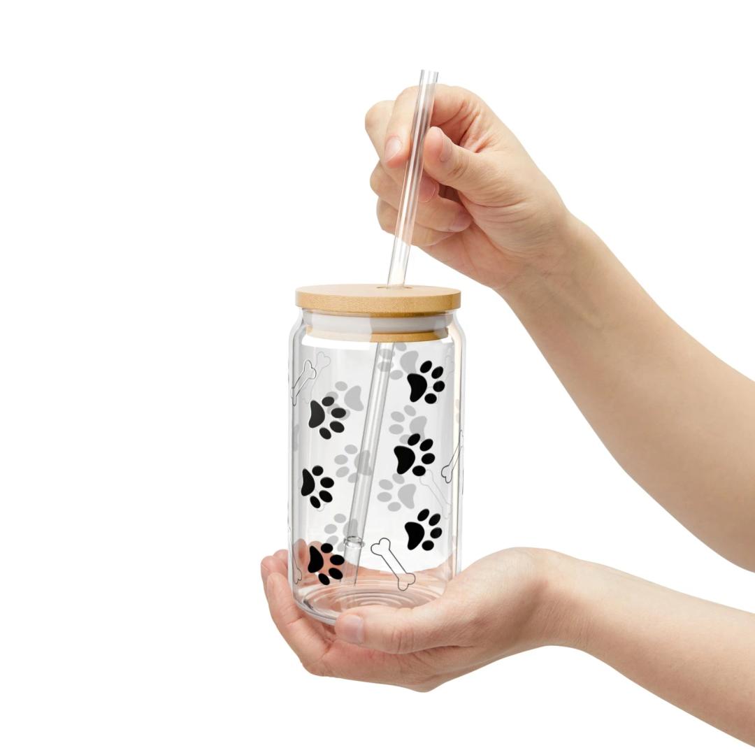 Dog Pet Paws Glass Tumbler Cup with Lid & Straw Iced Coffee Lover Glass 16oz