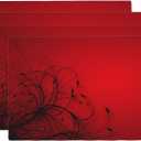 Red Black Abstract Flower Placemats Set of 4 Retro Floral Linen Washable Placemat Kitchen Dining Heat-Resistant Modern Rustic Place Mats Desktop Decor Table Mats 12x18 Inch