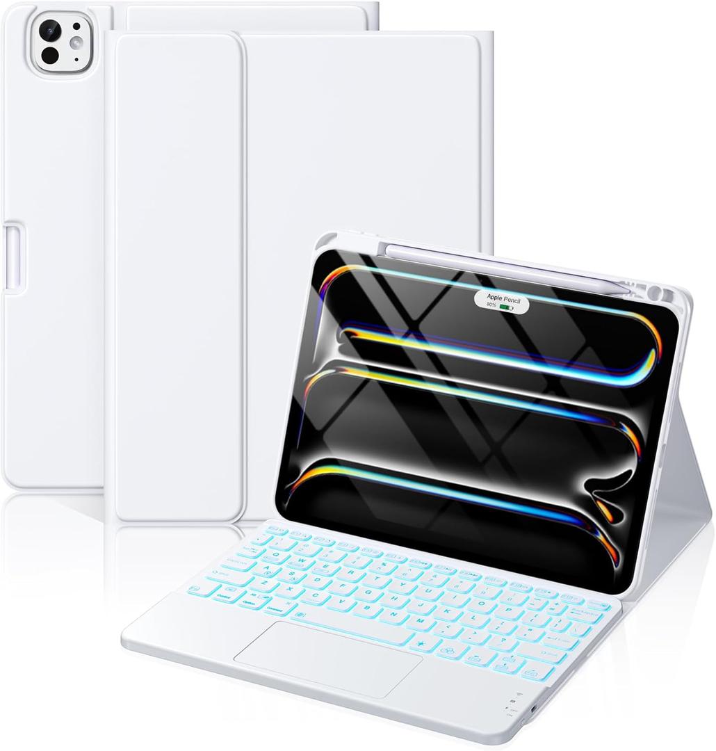 Hamile for iPad Pro 11-inch Case with Keyboard (M4) - Magnetic Wireless Detachable Keyboard with Multi-Touch Trackpad 7 Colors Backlit Stain Proof Folio Cover for iPad Pro 11 Inch 2024 - White