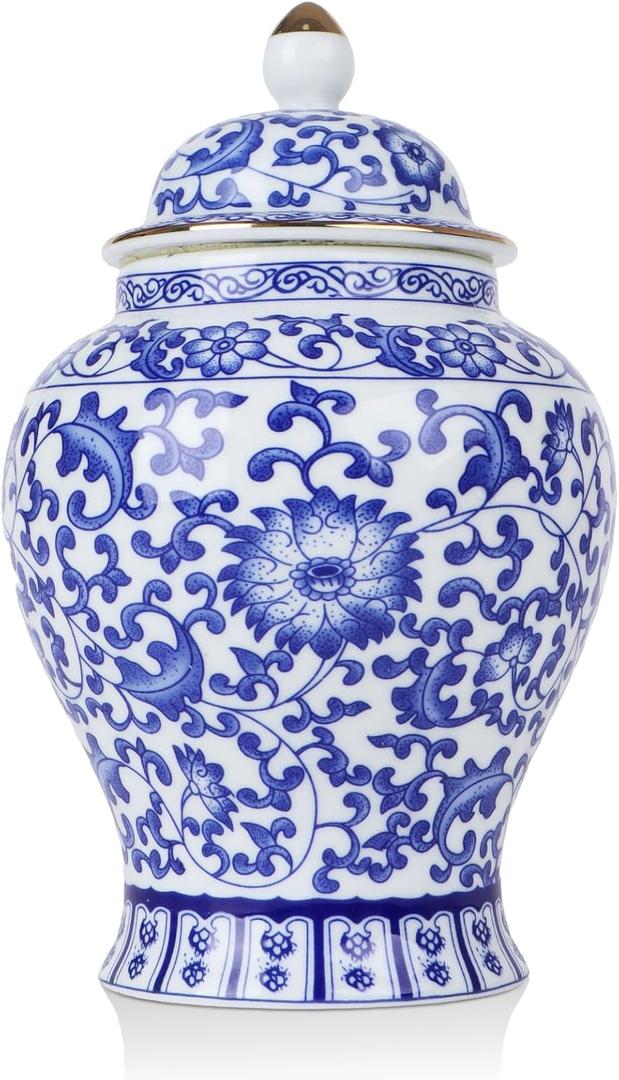 Chinoiserie Blue White Ginger Jars,7.6" Ceramic Decorative Ginger Jar With Lid,Porcelain Vases Decor for Living Room,Bedroom -Medium (Lotus)