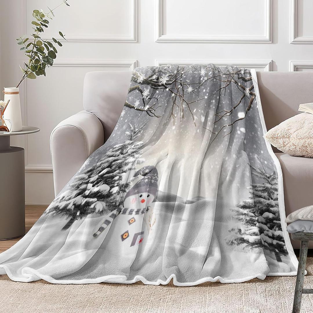 Christmas Throw Blanket, Winter Snowman Snowflake Christmas Fleece Blanket, Xmas Trees Soft Plush Warm Cabin Throw for Couch Sofa Bed Decor 50" x 60" (Grey)