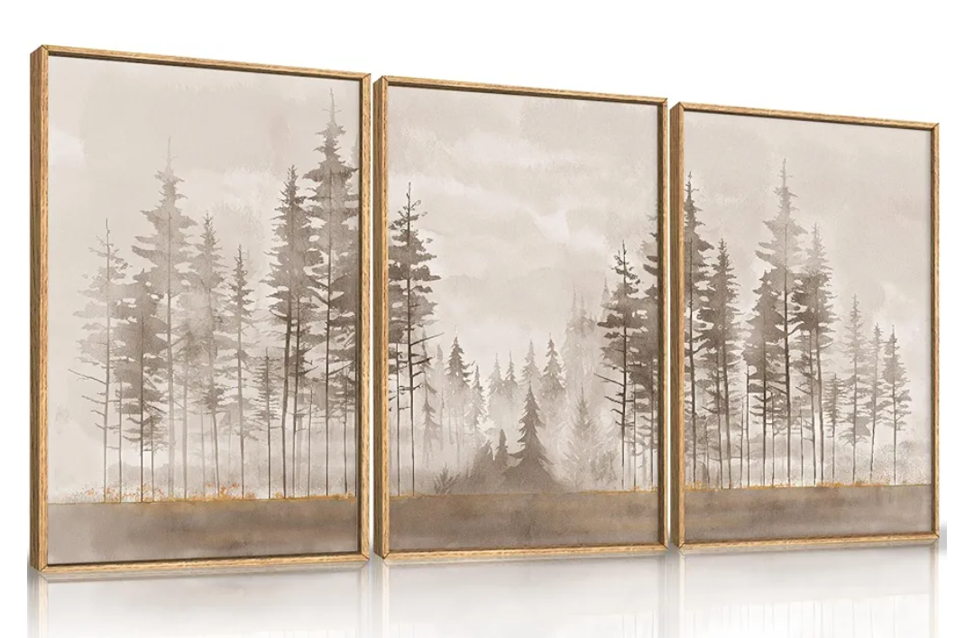 Beige Foggy Pine Tree Framed Canvas Wall Art Set,Modern Misty Forest Wall Decor,Nature Landscape Brown Art Print for Living Room,Bedroom-16 x24 x3