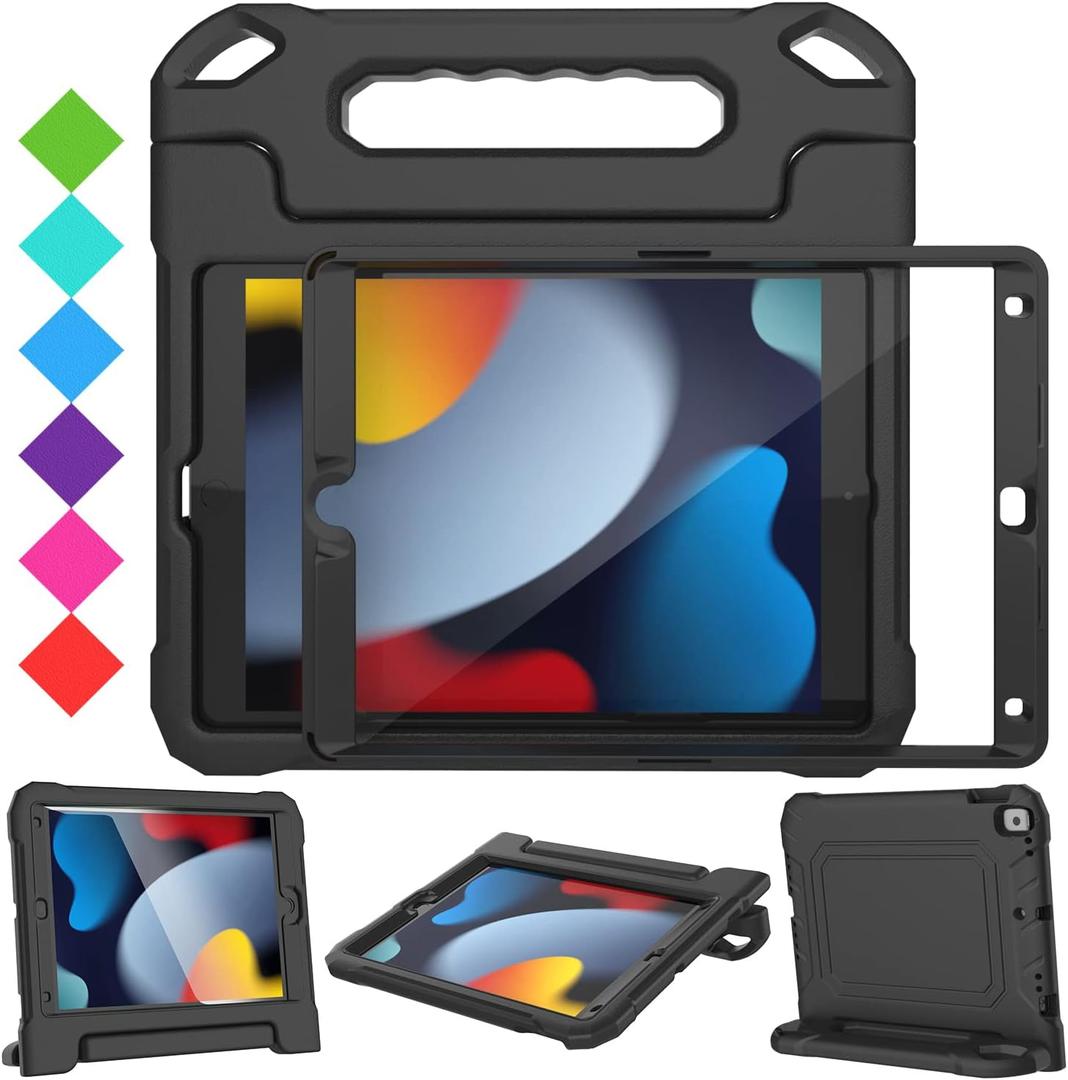 SUPLIK Kids Case for iPad 9th/8th/7th Generation -10.2 inch 2021/2020/2019, Built with Screen Protector, Durable Shockproof Handle Stand Case for Apple iPad Gen 9/8/7, Black