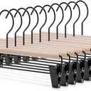 Nature Smile Deluxe Beech Wooden Pants Hangers Bottom Hanger Jeans Hanger Trousers Skirt Hanger with 2-Adjustable Black Matt Clips and Hook 10 Pack (Natural Wood+Black Metal) (13 inches 10pack)