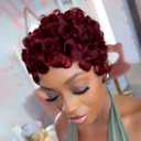 VRZ Short Human Hair Wigs for Black Women Pixie Cut Wig Human Hair Machine Made Burgundy 99J Chic Glueless Short Curly Wigs With Bangs Color 99J#S58#PH