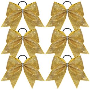 DEEKA 6PCS 8" Large Glitter Gold Cheer Bows with Full Shiny Rhinestones Multicolored Shimmer Cheer Hair Bows Elastic Band Ponytail Holder for Cheerleader Girls Sports-Gold